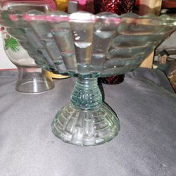 Vintage Jeannette Aqua Blue Glass Floragold Louisa Pedestal Bowl/Compote 