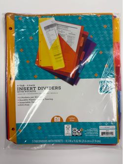 Pen & Gear 6pk Vibrant Color 5-Tab Dividers w/Pockets