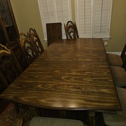 Dining Table With Two Leafs, 8 Chairs , And China Cabinet 