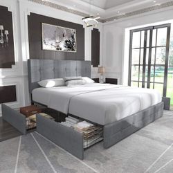 Full Size Upholstered Platform Bed Frame with 4 Storage Drawers, Headboard, Square Tufted