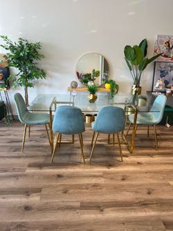 Blue Gold Modern Velvet Glass Dining Set 