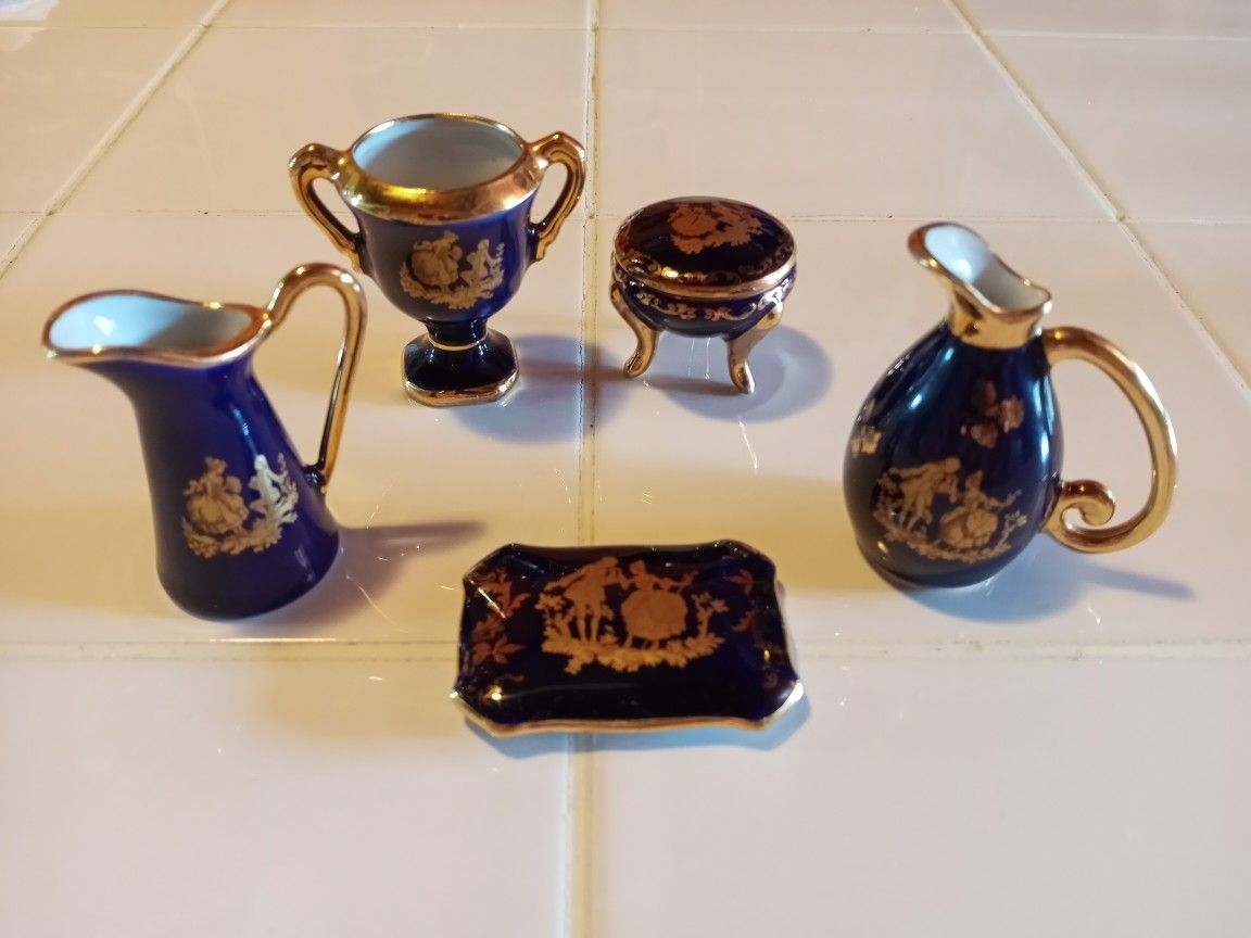 Vintage Porcelain F.M. Limoges France Miniature Set Cobalt Blue Gold Trim