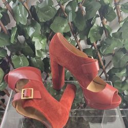 Michael Kors Eleni 4.5" Block Heels Platform Peep Toe Brick Red Suede Leather Womens Size 9 