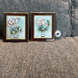 Capodimonte Miniature Framed Rose Picture Signed Italy 