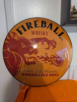 Vintage Sign Fireball Whisky Yellow 15.5" Round Dome Sign, Tastes Like Heaven Burns Like Hell.
