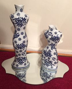 home decoration 2. Vases 16 1/2 " and 1 foot Navy and white color