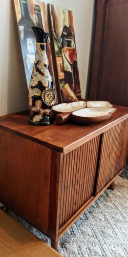 Decor $5&up, RARE Ribbon Mahogany Cocktail Table $129 Sheepskin $25 + Modernistic Perculator Coffee Pot Set $80, MCM Bentwood Bamboo Wicker Rattan &⬇ Thumbnail