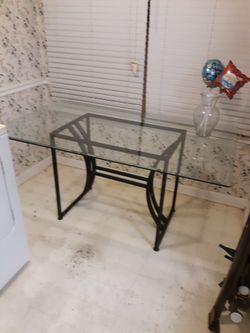 HEAVY DUTY GLASS TABLE LEFT TO RIGHT 5FT FRONT TO BACK 3FT TOP TO BOTTOM 29IN