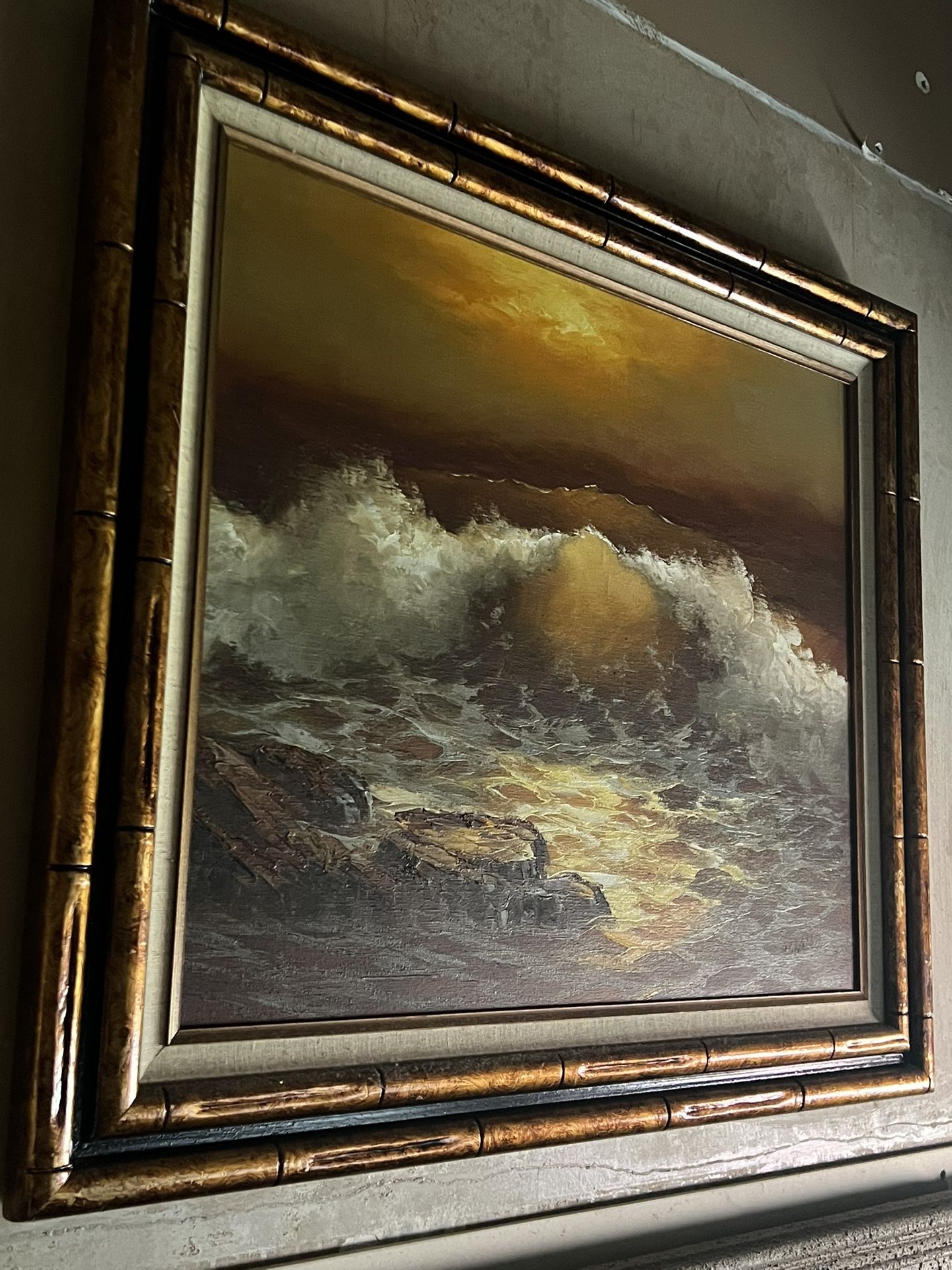 Vintage | J. Walker Sunset Seascape Signed Oil Painting | Wood Frame