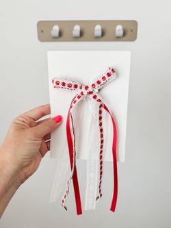 Red & White Floral Ribbon Hair Bow