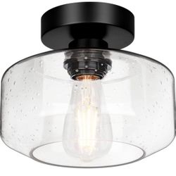 Semi flush mount light fixture Matt black with seeded glass shade