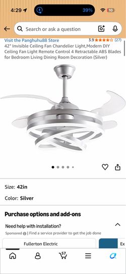 2 available 42" Invisible Ceiling Fan Chandelier Light,Modern DIY Ceiling Fan Light Remote Control 4 Retractable ABS Blades for Bedroom Living Dining 