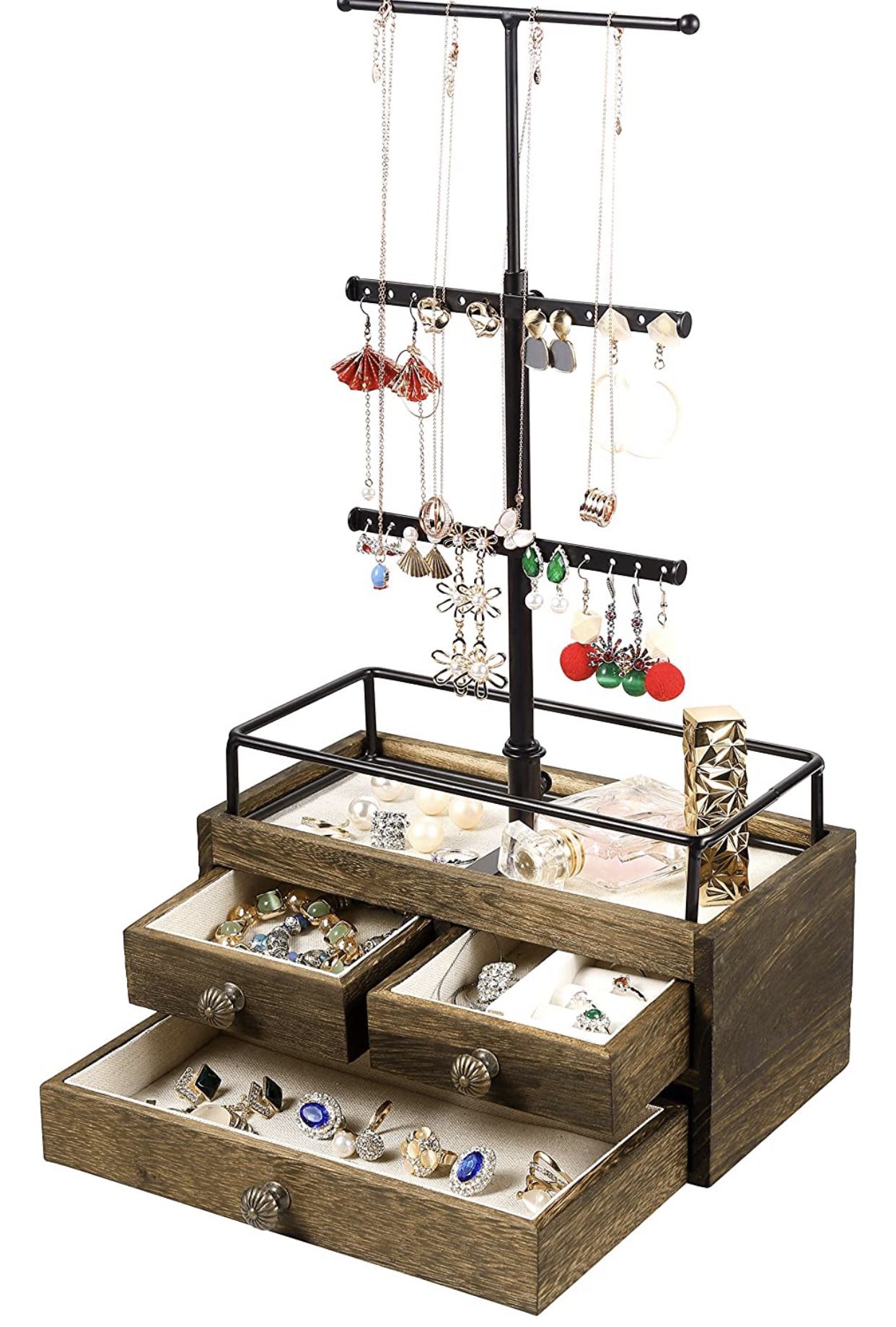 Jewelry Organizer Stand with Double-Layer Wooden Drawer Storage Box - 3 Tier 