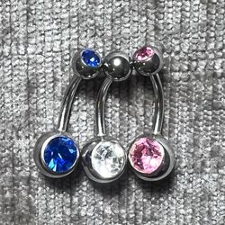 New 3pc Blue Pink Silver Crystal Diamond Double Gem Bellybutton Navel Body Rings