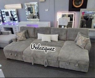 ✅️✅️3 pc Smoke grey corduroy fabric sectional sofa with double storage chaise and pop up sleep area in center✅️✅️