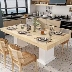 FUFI&GAGA Wooden Grain Color Wood 78.7 in. Width Rectangle Double Pedestal Dining Table, Meeting Table for 8 (KF020432US-01LJ-001)