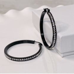 NEW Black Stainless Steel & Crystal Hoop Earrings PRICE FIRM