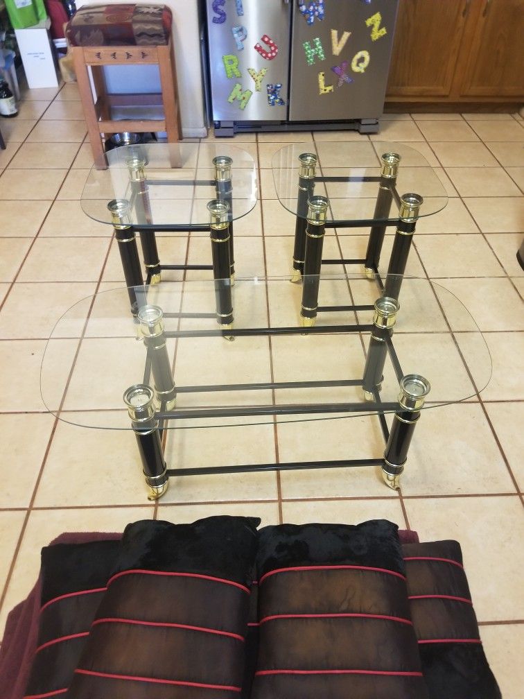 Glass Coffee Table with Matching End Tables Black and Gold Frame