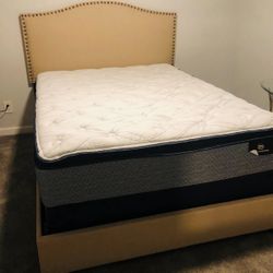 Serta Queen Mattress & Beige Studded Bed frame