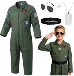 Kids flight suit costume size 3. New with a aviator sunglasses, dog tag, and belt. Green jumpsuit with patches and American flag patch. #aviator #pi