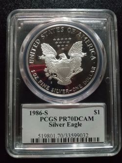 1986-S John Mercanti Hand Signed PCGS PR70DCAM Silver Eagle Flag Label