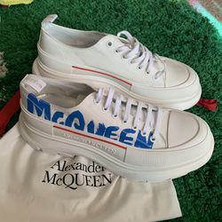 Alexander McQueen Sz 16 White Blue Tread Slick boots Graffiti Sneakers canvas platform