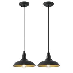 Goalplus 2 pieces 10in Dome Farmhouse Pendant Lights Black and Brass Kitchen Island Hanging Light Fixture for House, Outdoor Barn Pendant Ceiling Ligh