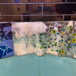 Vintage Handmade Fused Glass Art. Beautiful Bouquet Of Flowers In A Wave Design 