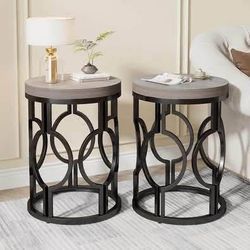 New Set of 2 Round End Table, Industrial Side Table with Metal Hollow Frame
