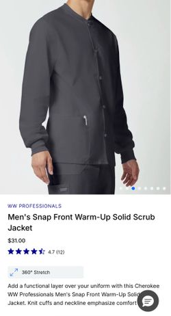Cherokee Professionals Men's Snap Front Warm-Up Solid Scrub Jacket.