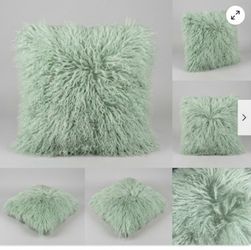 LUXURIOUS LIGHT GREEN TIBETAN / MONGOLIAN LAMBFUR DECORATIVE PILLOW - 18x18