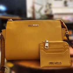 Steve Madden Mustard Yellow Crossbody/Shoulder Bag With Steve Madden Wallet – Trendy & Spacious Paired Purse & Wallet