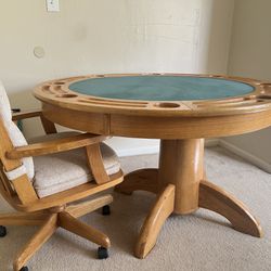 Large 52” wide Oak Table with Gaming/Crafting/Dining Surfaces plus 4 Swivel Chairs