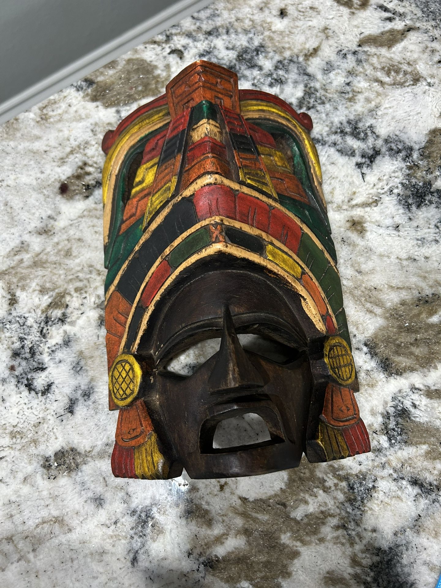 Wood Hand Carved Mayan AZTEC Warrior Face Mask Wall Decor