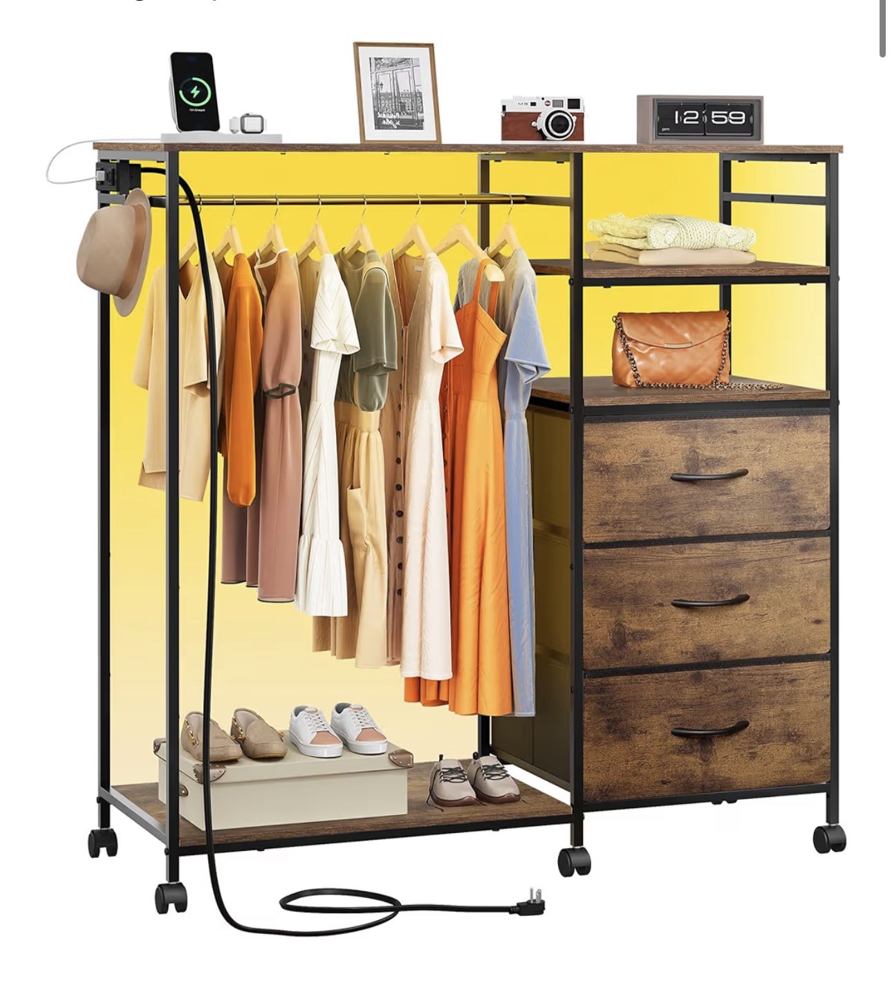 42''W Dresser for Bedroom with Hanging Rack, 3 Drawer Dresser with LED Lights & Charging Station, Fabric Dressers & Chest of Drawers, Storage Organize
