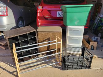 All $10. Drawers. Shoe Racks. Tote bin. Clothes hamper. Crate