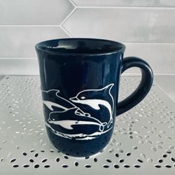 Vintage 70s Otagiri Japan stoneware mug navy blue with dolphins 12 oz, 4 1/4” tall x 3 1/8” across top
