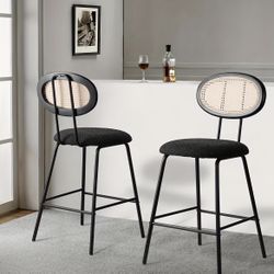 KirKasa Mid Century Modern Rattan Backrest Dining Chair, Black Kitchen Side Chairs With Metal Legs For Dining Living Room
