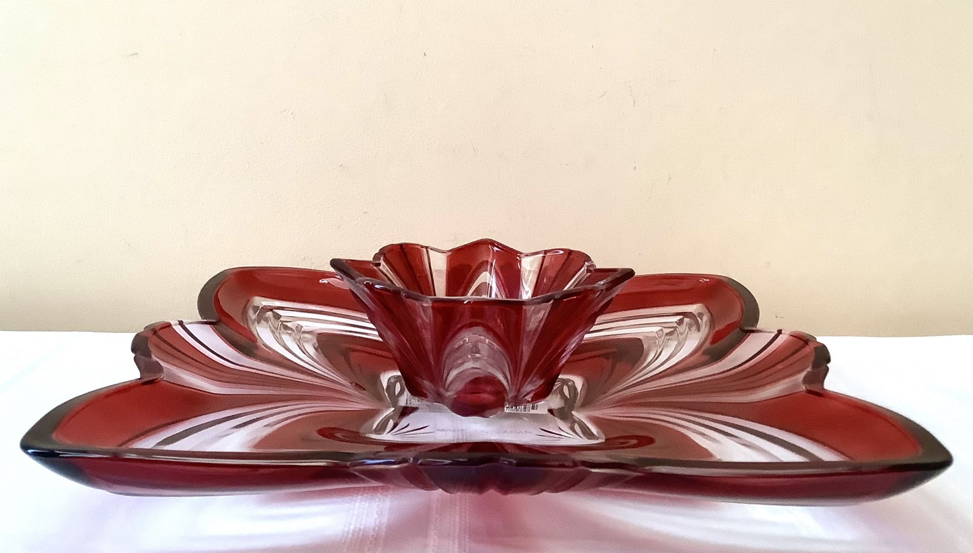 ❤️Soga Crystal Ruby Red Cut Glass Serving Plate & Bowl Fifth Avenue Aurora 🇯🇵