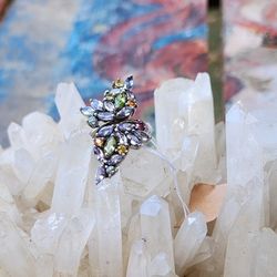 Blue Topaz Peridot Citrine And Rhodolite Sterling Silver Ring 