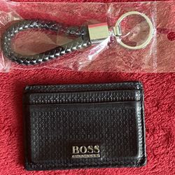 HUGO BOSS BLACK LEATHER CREDIT CARD ID HOLDER WALLET ( Used ) + FREE NEW KEY CHAIN 