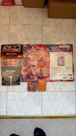 One Piece TCG Flame Flame Fruit Coliseum Bundle - Playmat + Ace Leader, Premium Card Collection, Storage Box, and Sleeves