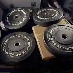 Very nice looking Brand new 45, 35 lb, and 25 lb Olympic weight plates.  Pair of 45s =$110 Pair of 35s=$90 Pair of 25s=$80 Pair of 10s= $30 Pair of 5s