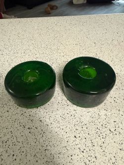 Blenko Art Glass Green Round Candleholders 2" tall MCM Pair