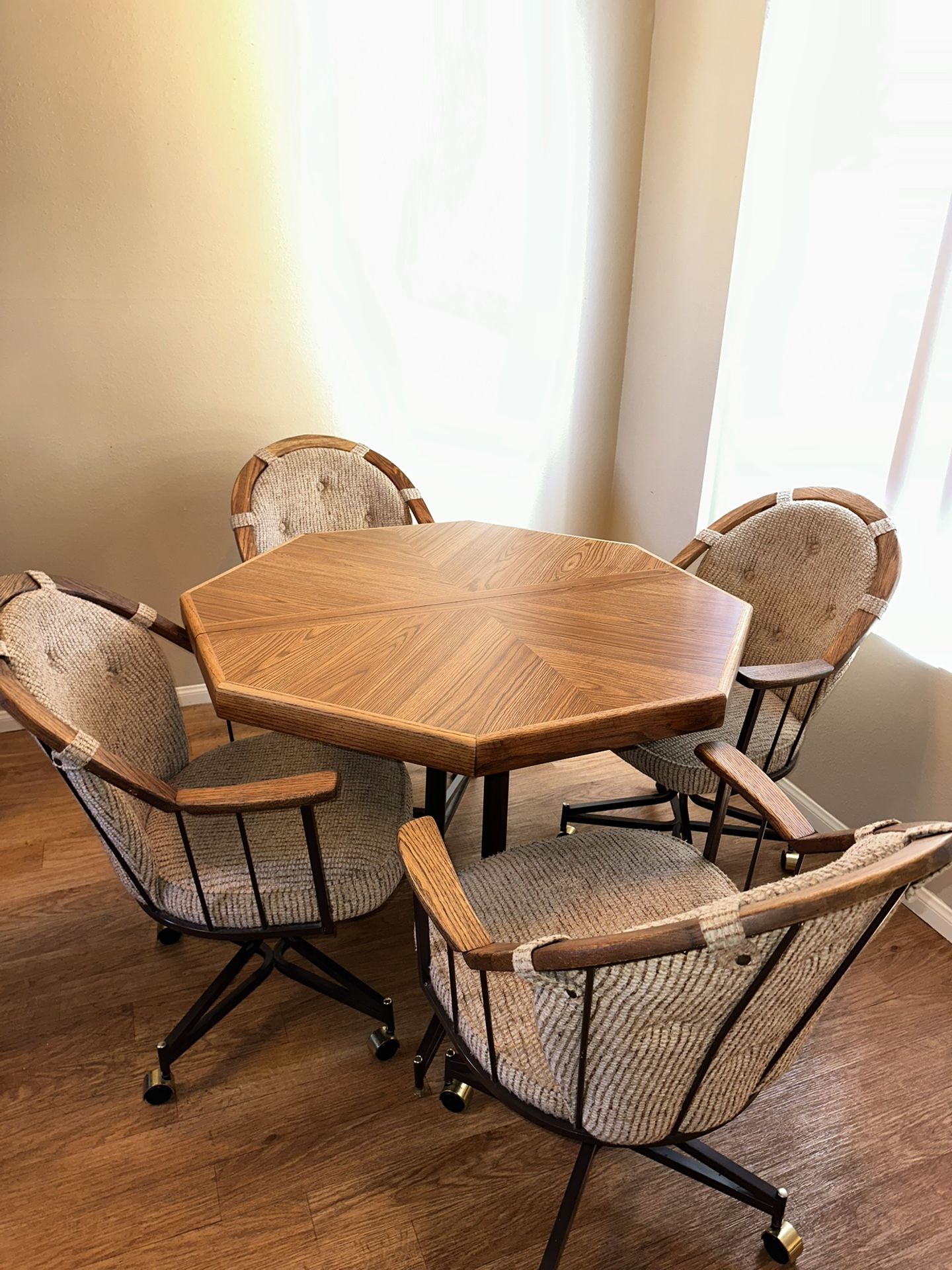 Dining Set  (Vintage Douglas Furniture Oak Octagon 4 Rolling Chairs + 1 Leaf Extension) PICKUP ONLY!