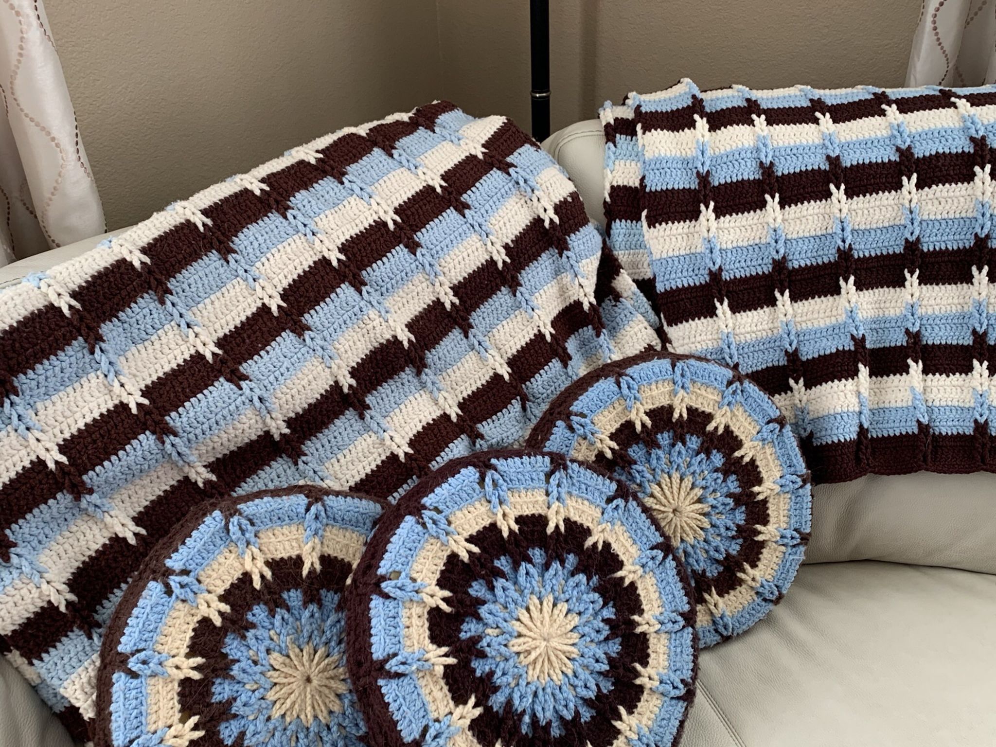 Handmade Crochet 2 Afghans &3 Pillow Set