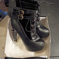 SHOW STORY LACE UP BUCKLE HIGH-TOP BONE HIGH HEEL PLATFORM ANKLE BOOTS