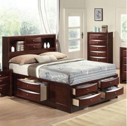 Queen Storage Bed Frame with Bookcase Headboard