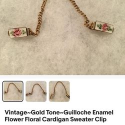 Vintage~Gold Tone~Guilloche Enamel Flower Floral Cardigan Sweater Clip