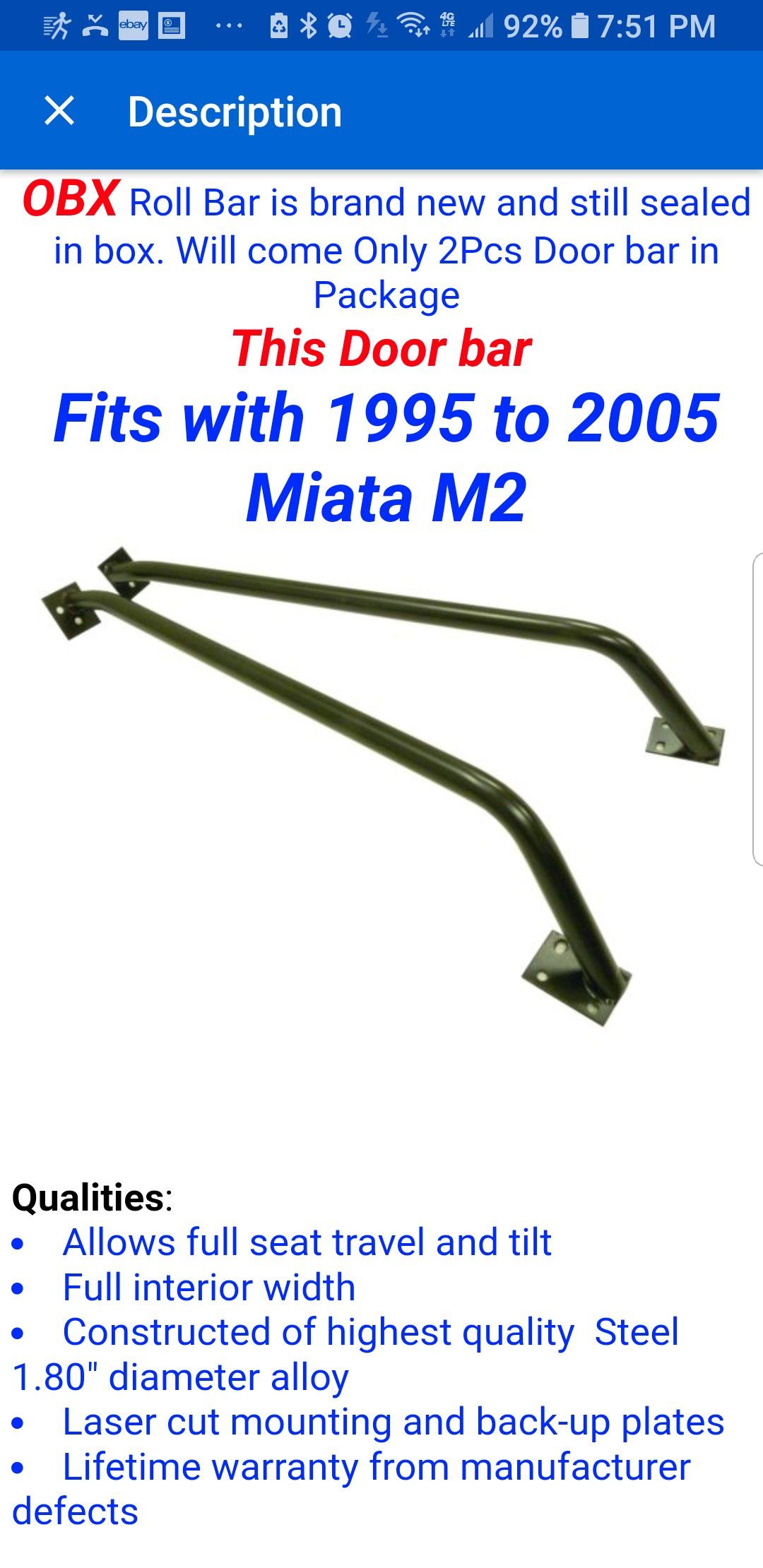 Mazda Miata part: side door crash bar